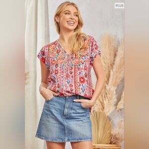 Plus Savanna Jane Floral Embroidered Pink And Orange Multicolor V-Neck Top